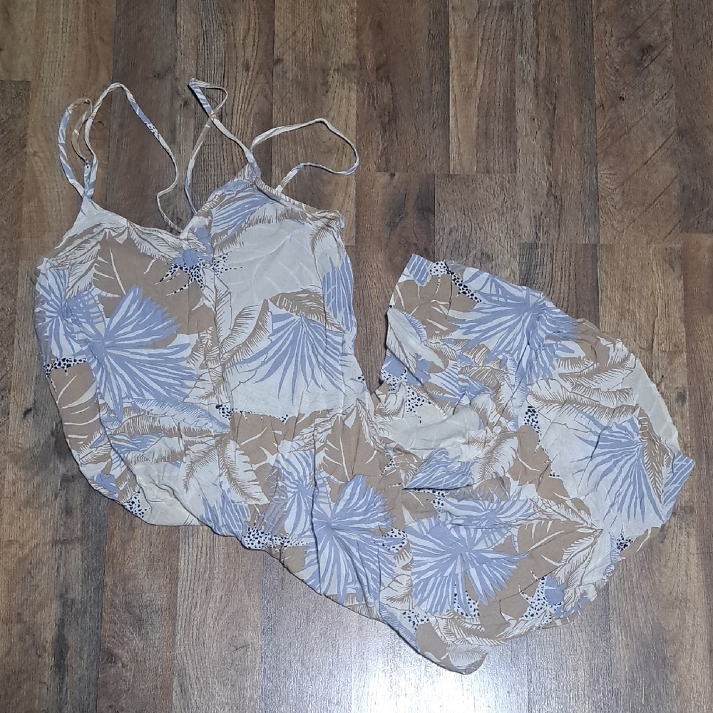 aerie Beige and Light Blue Printed Side Slip Dress Size Medium